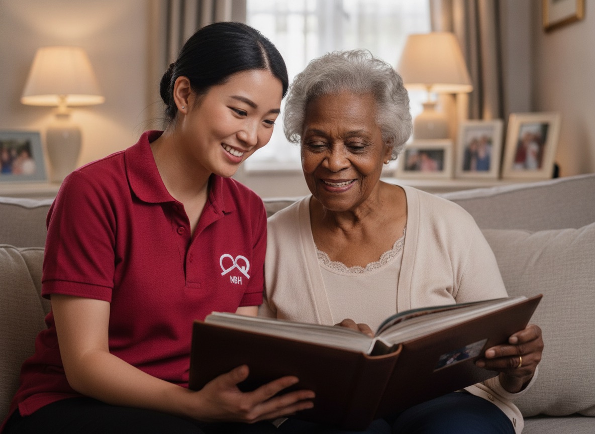 NBH Care carer sharing a photo album with an elderly lady during a home care visit in Wellingborough