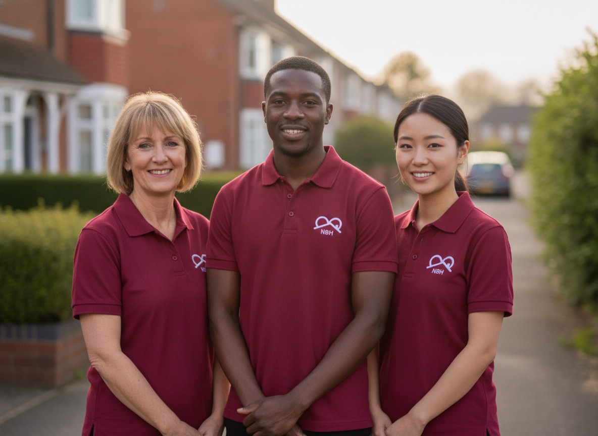 Friendly NBH Care team of local carers in crimson uniforms outside a home in Wellingborough