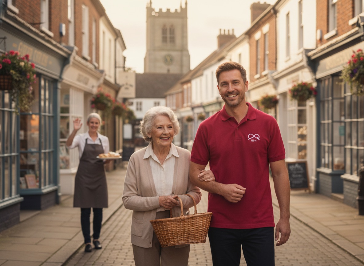 NBH Care carer walking with an elderly lady along a North Northamptonshire market town high street