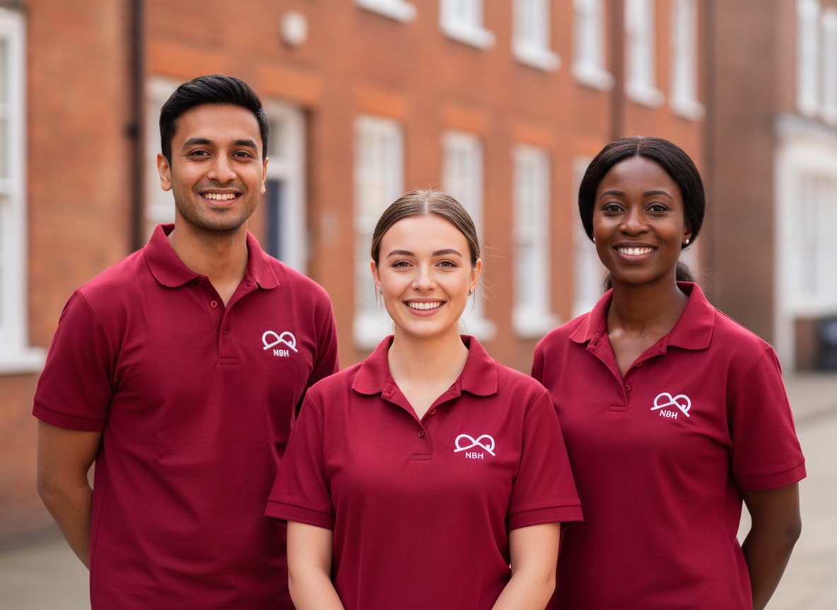 Proud NBH Care team of carers in crimson uniforms recruiting new colleagues in Wellingborough