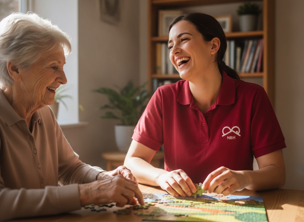 Happy NBH Care carer enjoying rewarding work with an elderly lady in North Northamptonshire