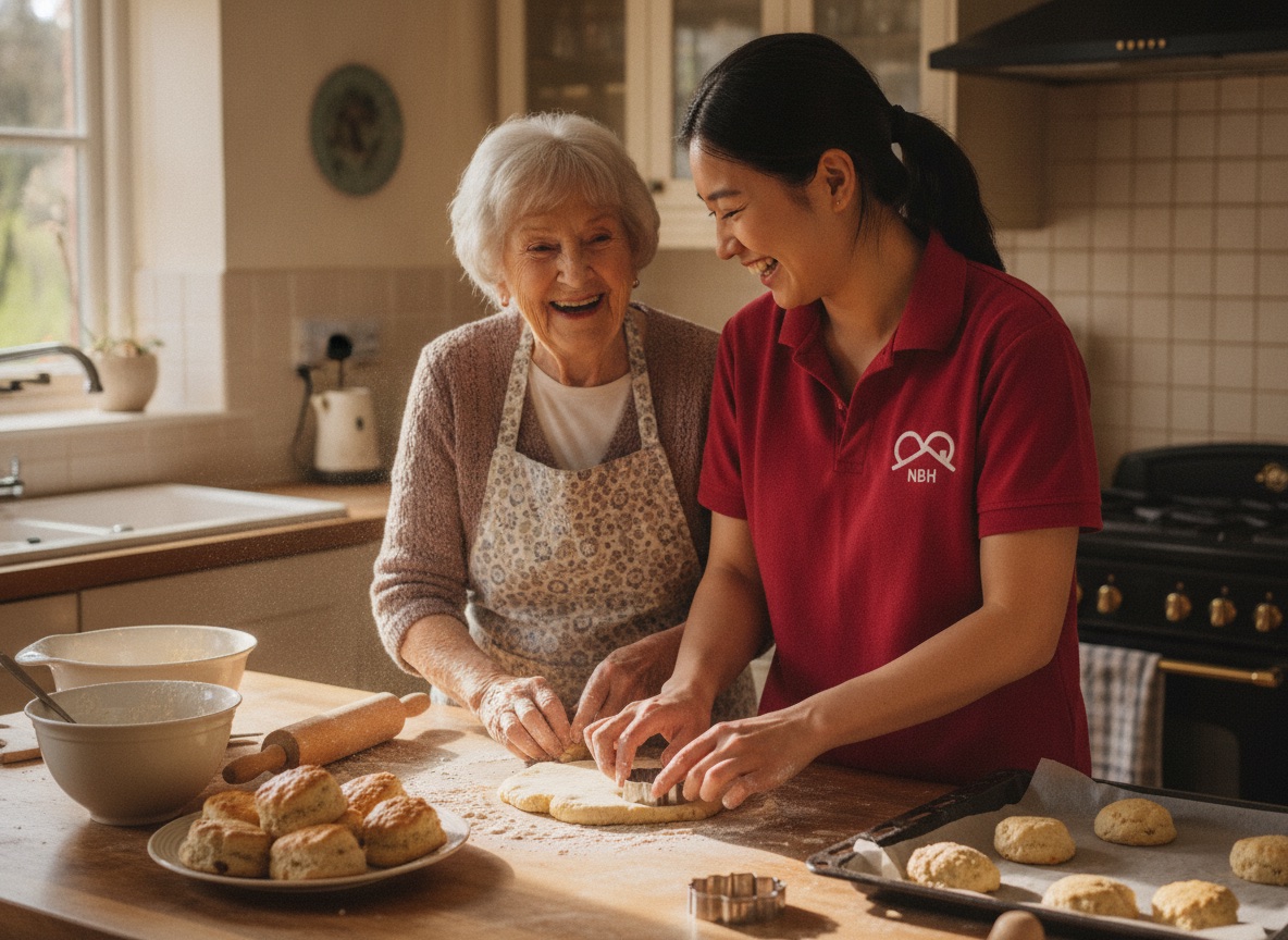 NBH Care companion baking scones with an elderly lady during a companionship visit in Wellingborough