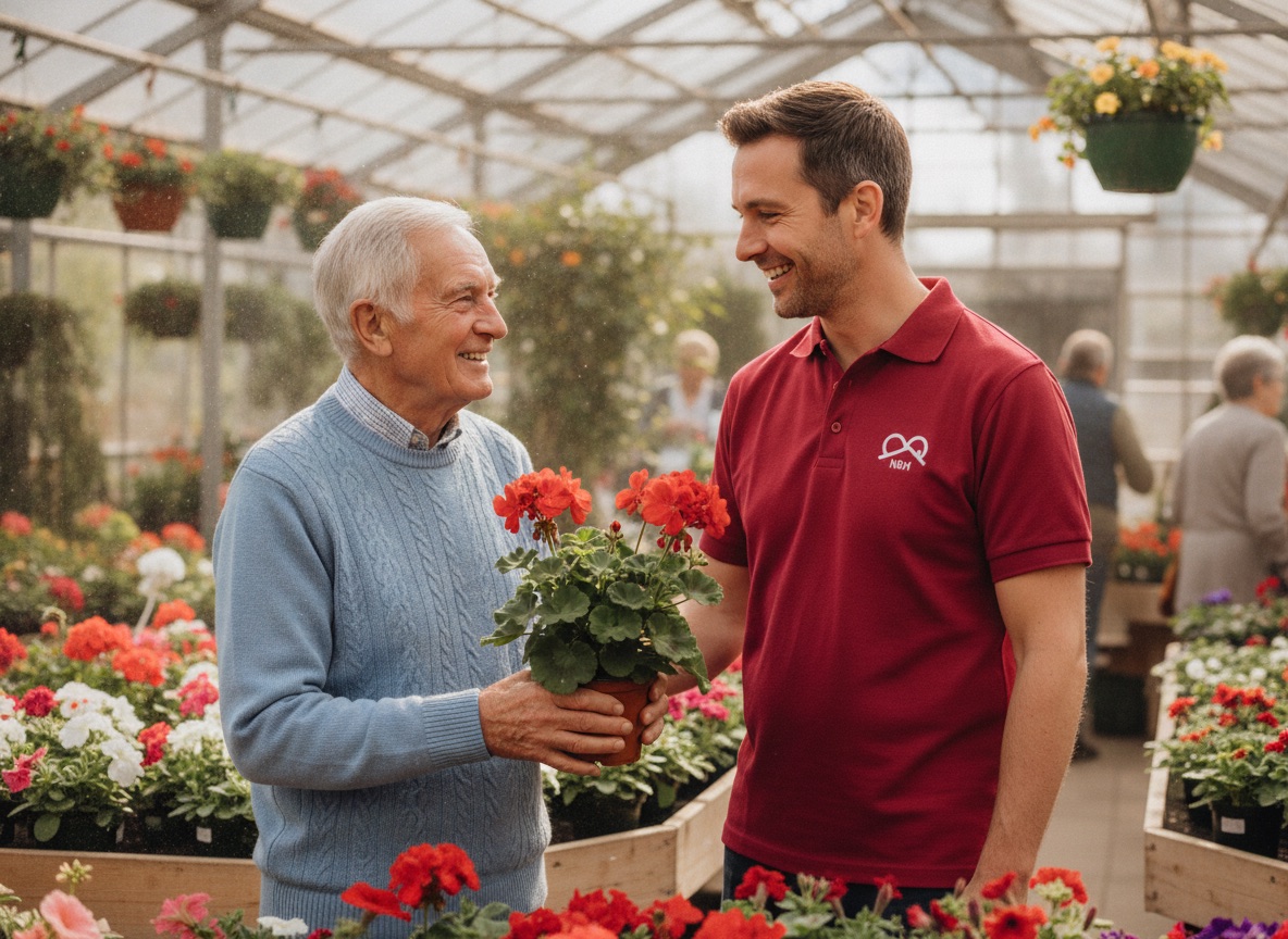 NBH Care companion enjoying a garden centre outing with an older gentleman in North Northamptonshire
