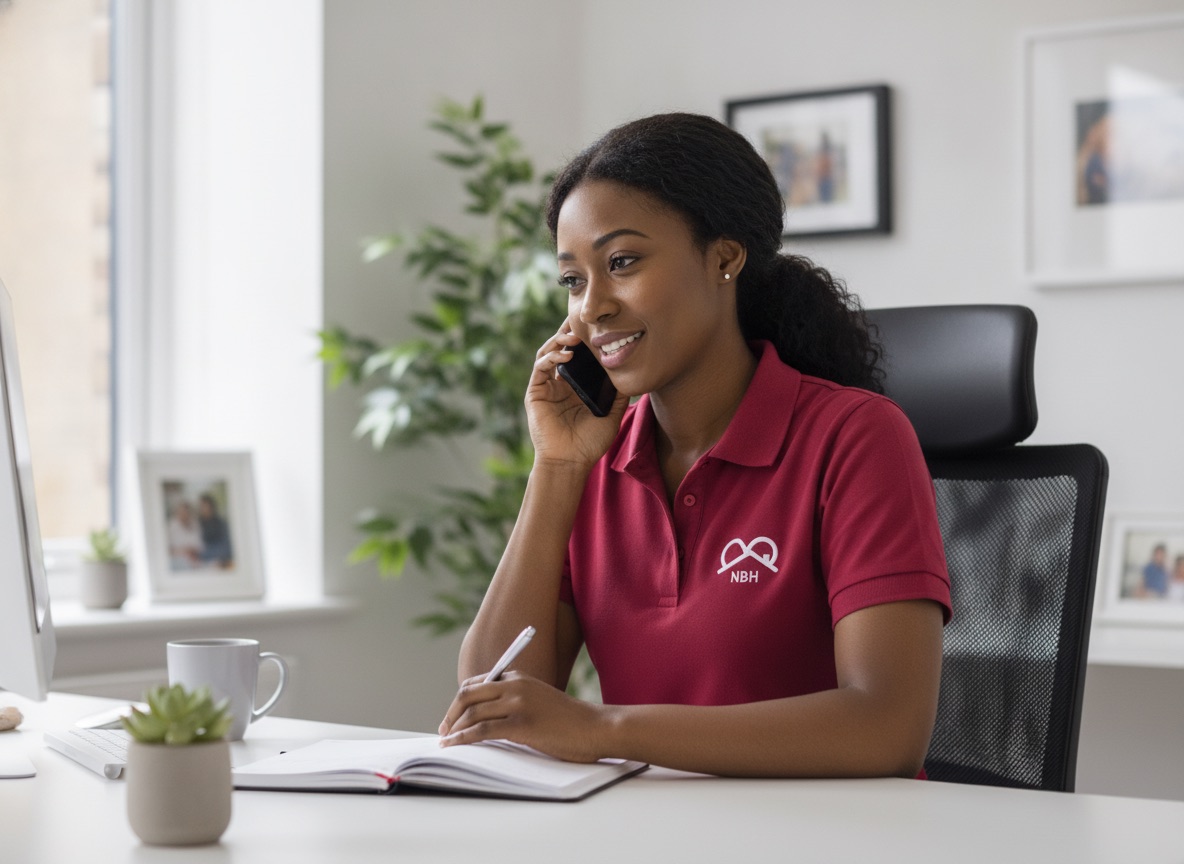 NBH Care coordinator in crimson uniform warmly taking a care enquiry call in the Wellingborough office