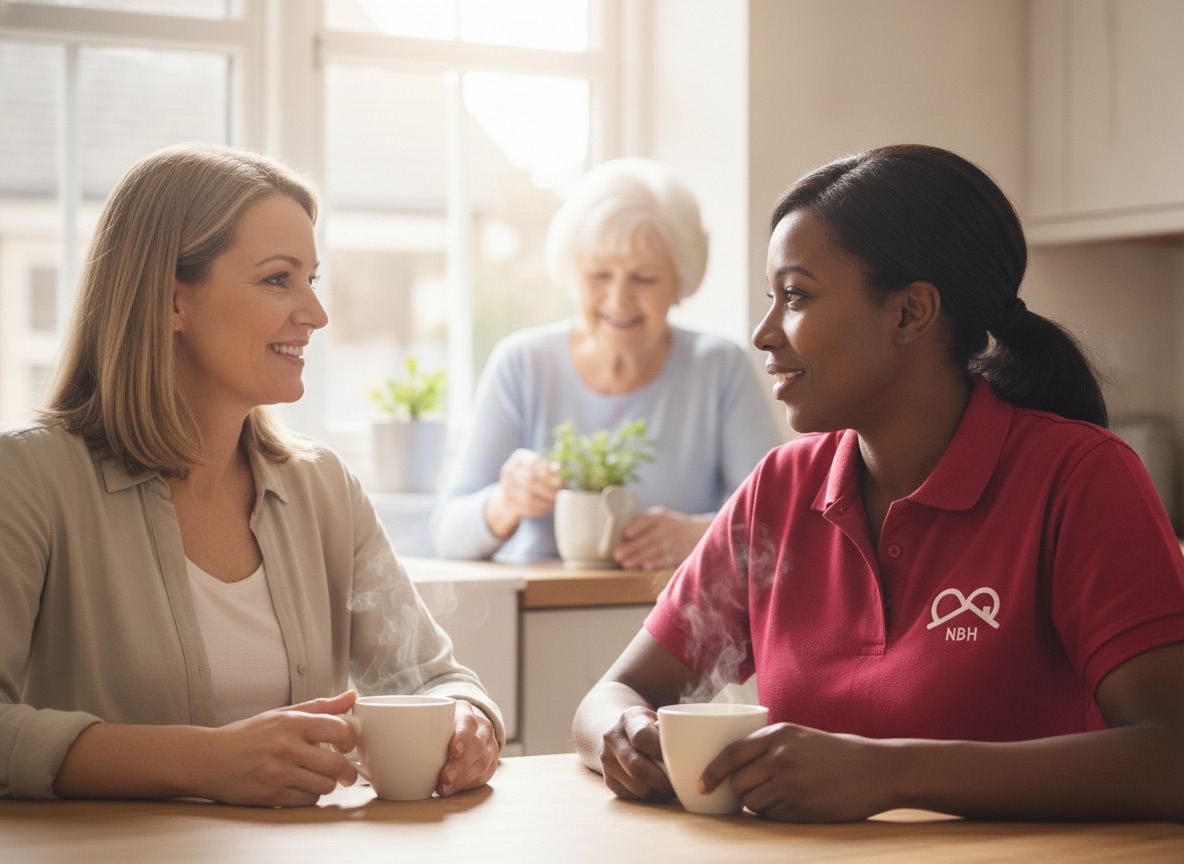 NBH Care carer reassuring a family member during a dementia home care visit in Wellingborough