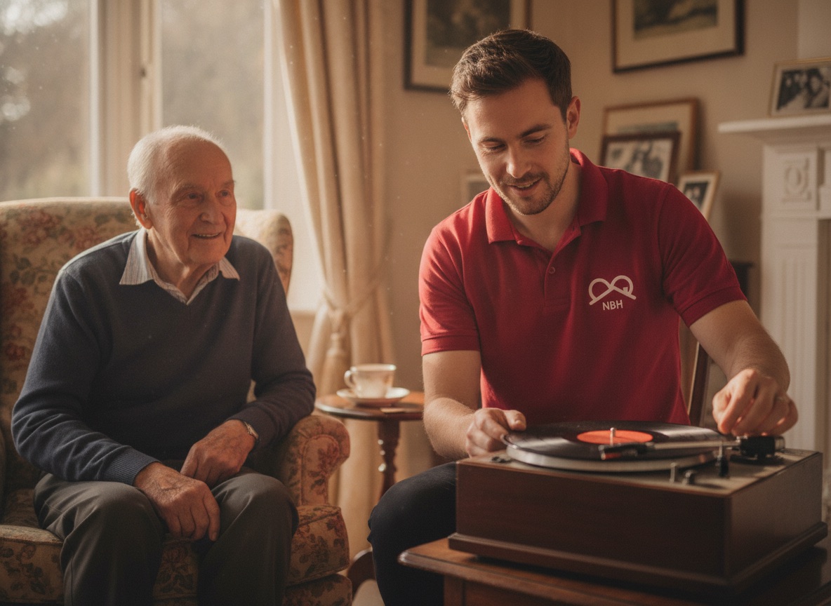 NBH Care carer playing favourite music with an older gentleman during a dementia care visit in North Northamptonshire