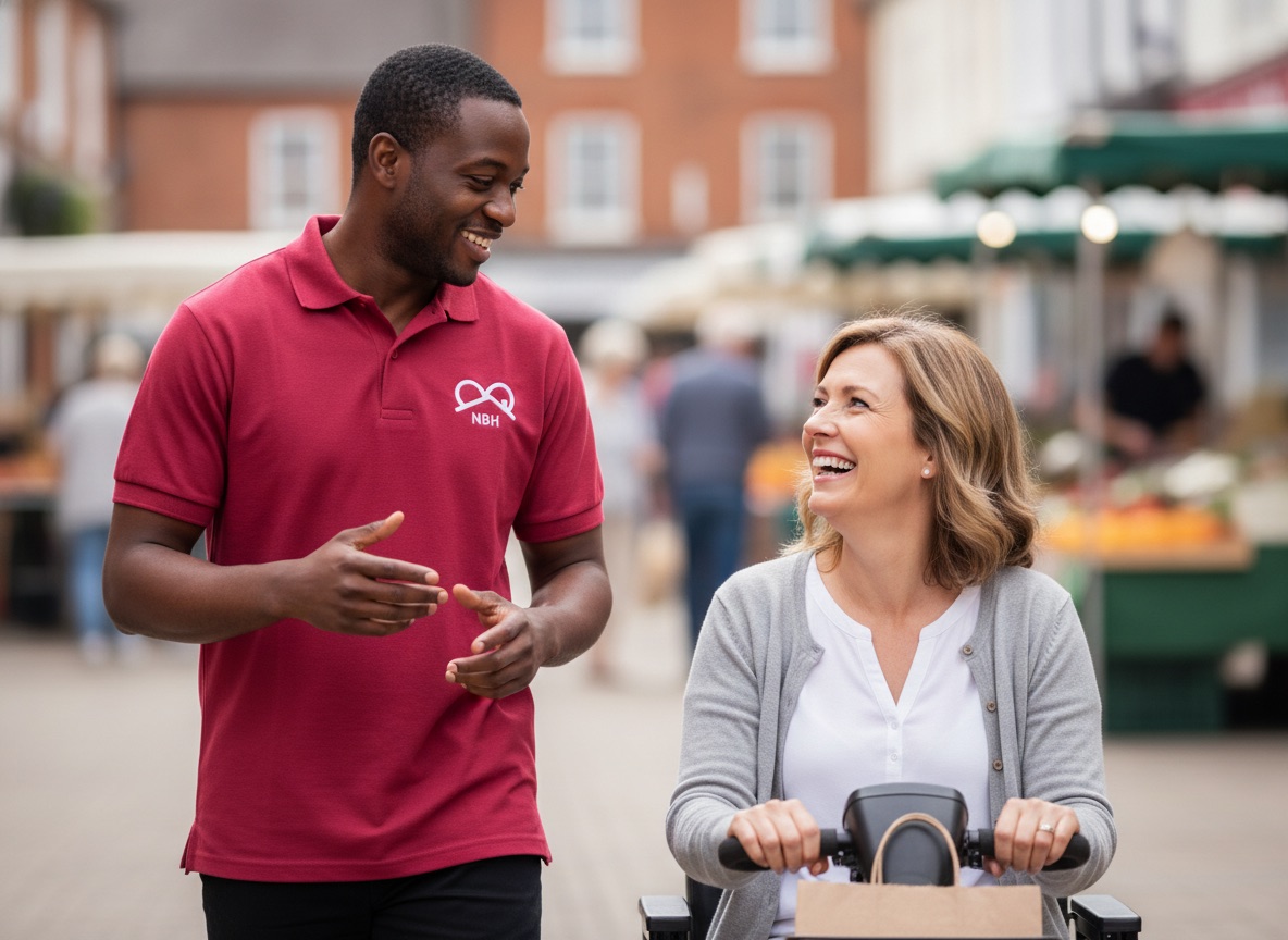 NBH Care carer supporting a woman on a mobility scooter shopping in a North Northamptonshire market town