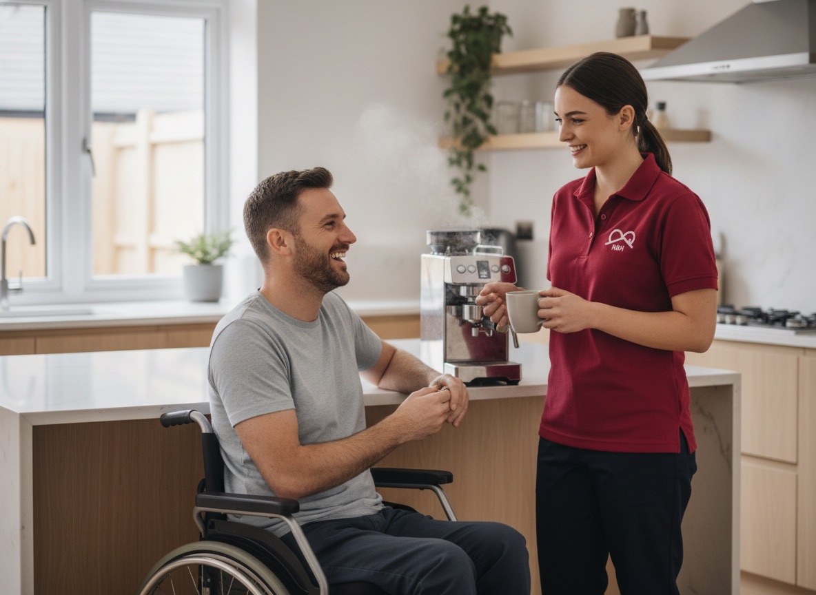 NBH Care carer in crimson uniform making coffee with a wheelchair user at home in Wellingborough