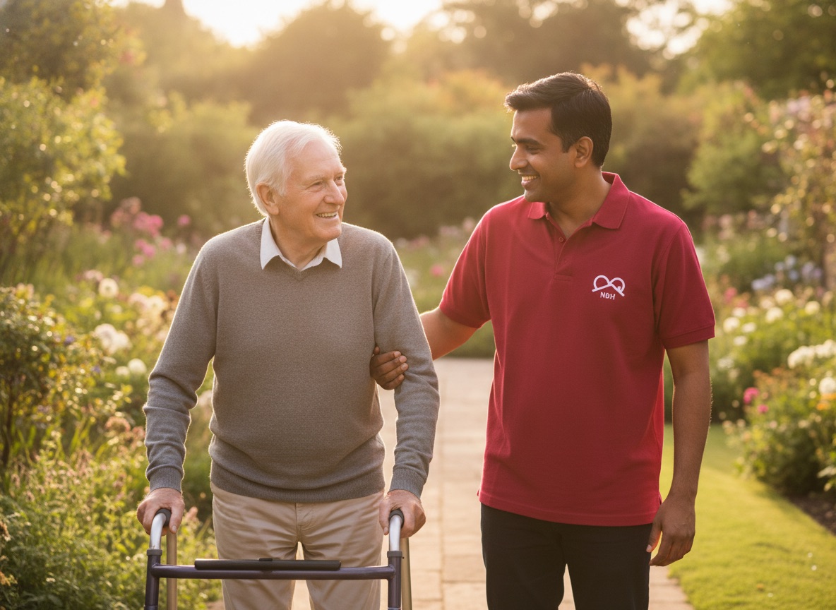 Male NBH Care carer supporting an older man with a walking frame in his garden in North Northamptonshire