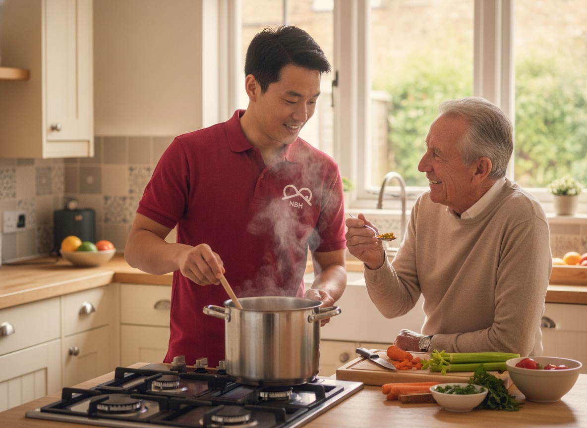 NBH Care carer cooking a fresh meal with an older gentleman during a home help visit in North Northamptonshire