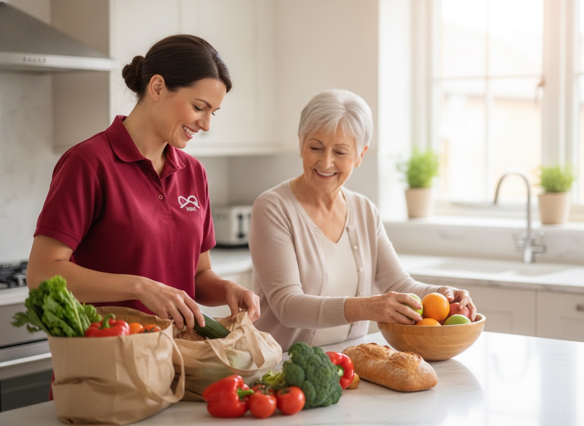 NBH Care home help in crimson uniform unpacking the weekly shop with an elderly lady in Wellingborough