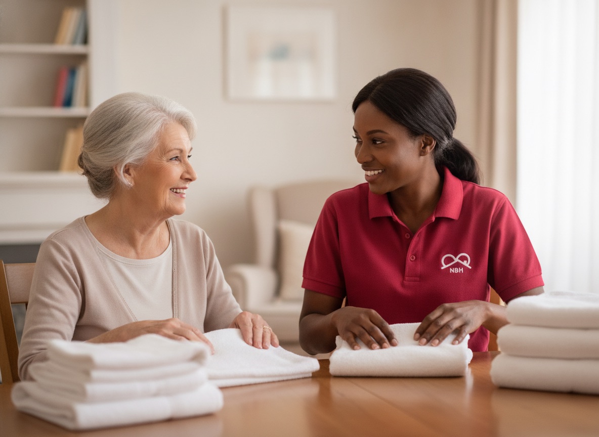 NBH Care carer folding laundry with an elderly lady during a household support visit in Wellingborough