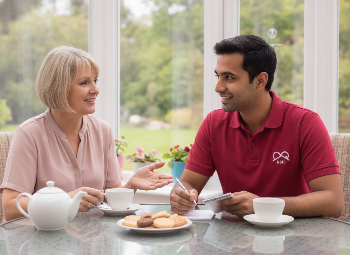 NBH Care team member listening to a family discuss home care options in Wellingborough