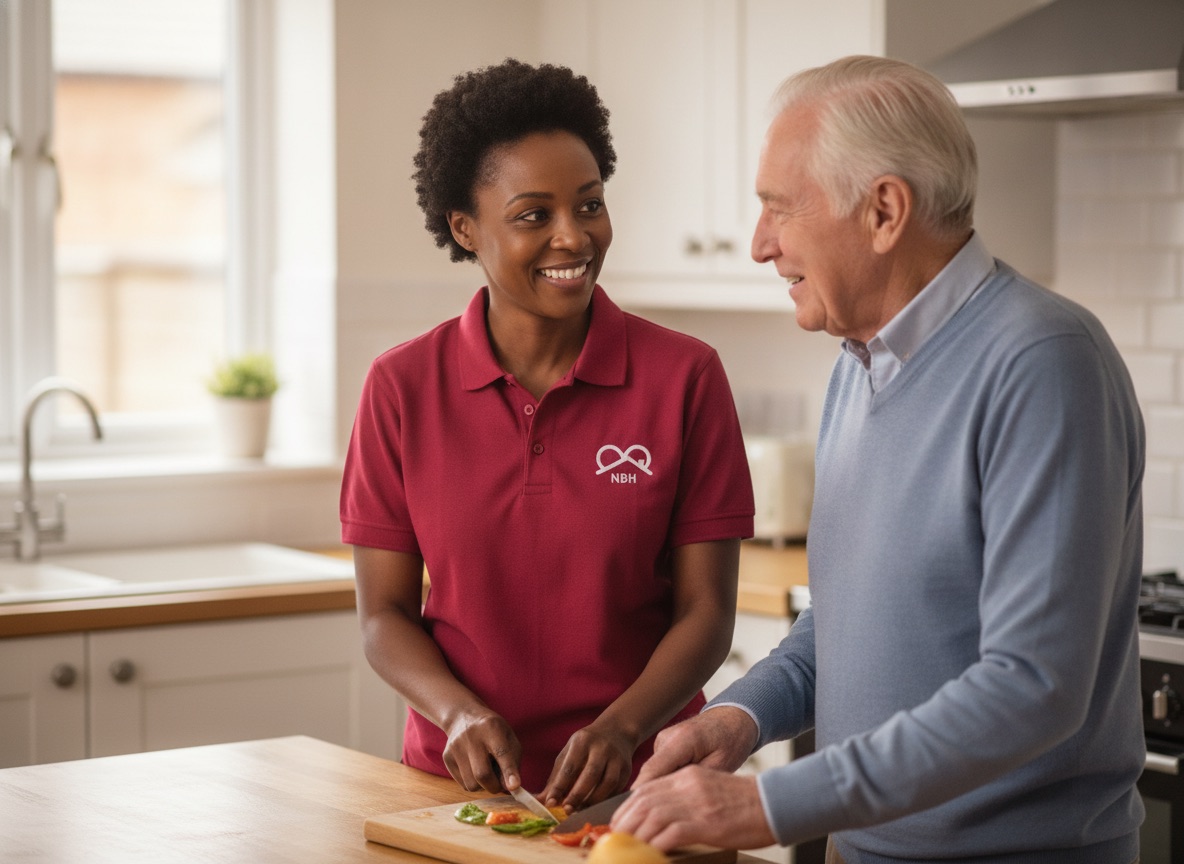 NBH Care carer in crimson uniform preparing a meal with an older gentleman during a home care visit in Wellingborough