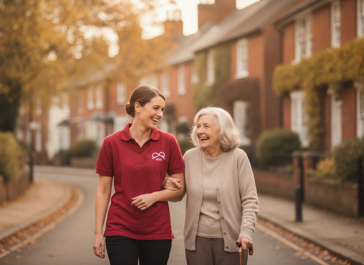 NBH Care carer walking arm in arm with an elderly lady near her home in North Northamptonshire