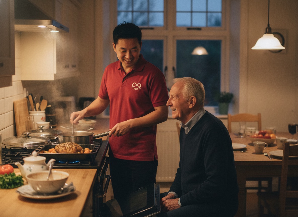 NBH Care live-in carer cooking dinner while chatting with an older gentleman at home in North Northamptonshire