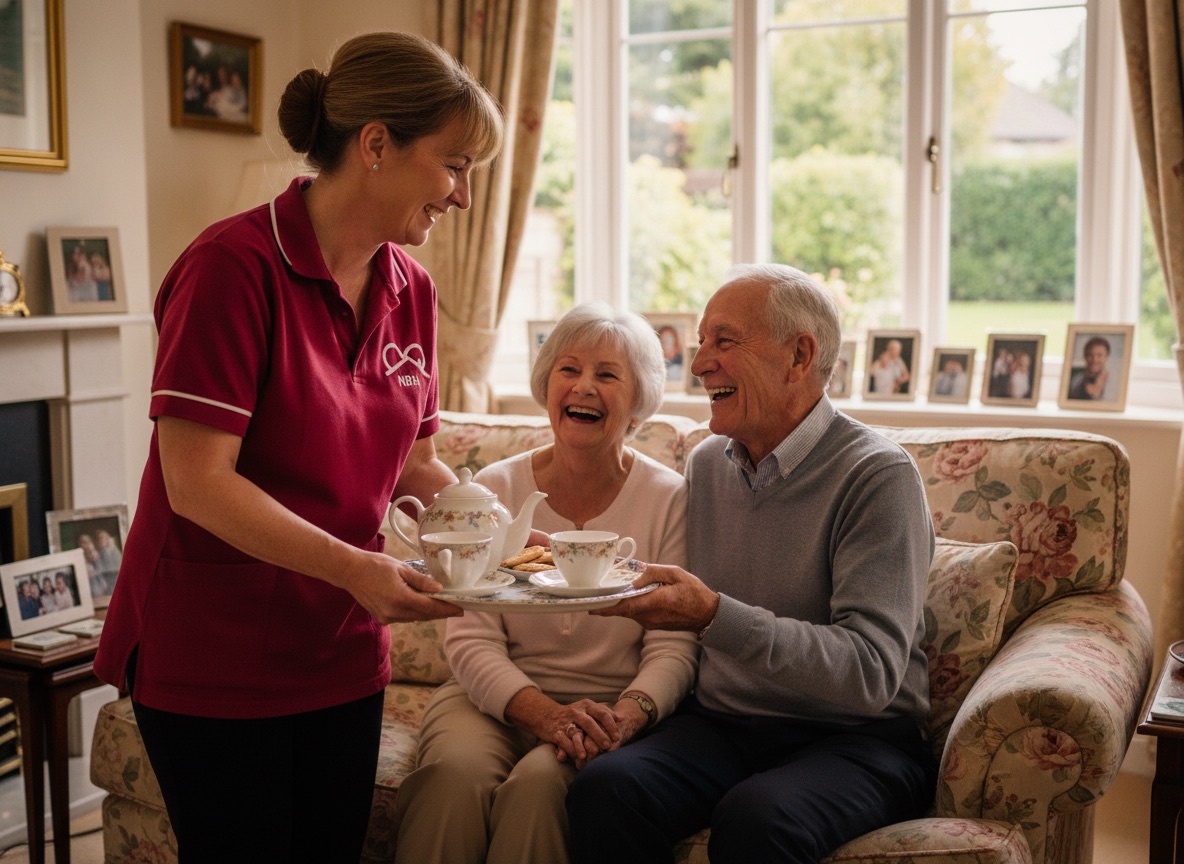NBH Care live-in carer serving tea to an elderly couple staying together at home in Wellingborough