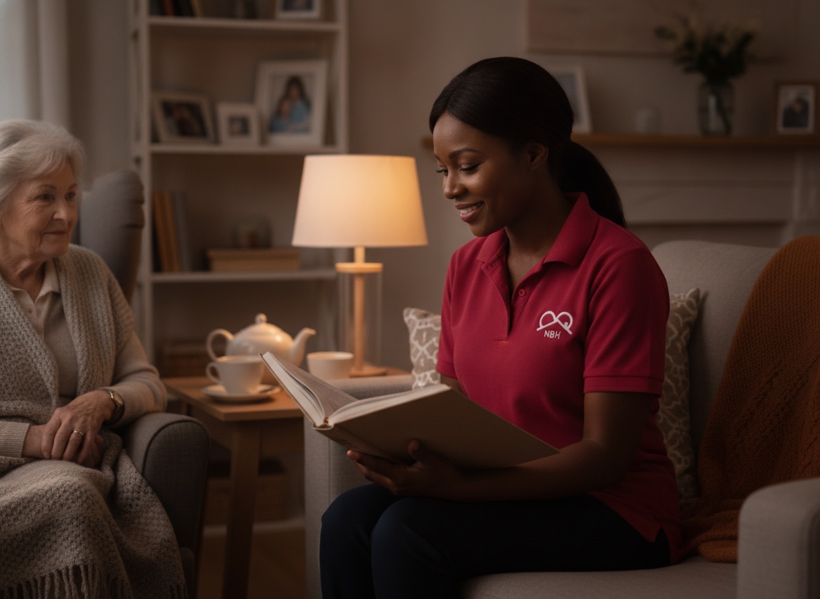 NBH Care live-in carer in crimson uniform reading with an elderly lady at home in the evening in Wellingborough