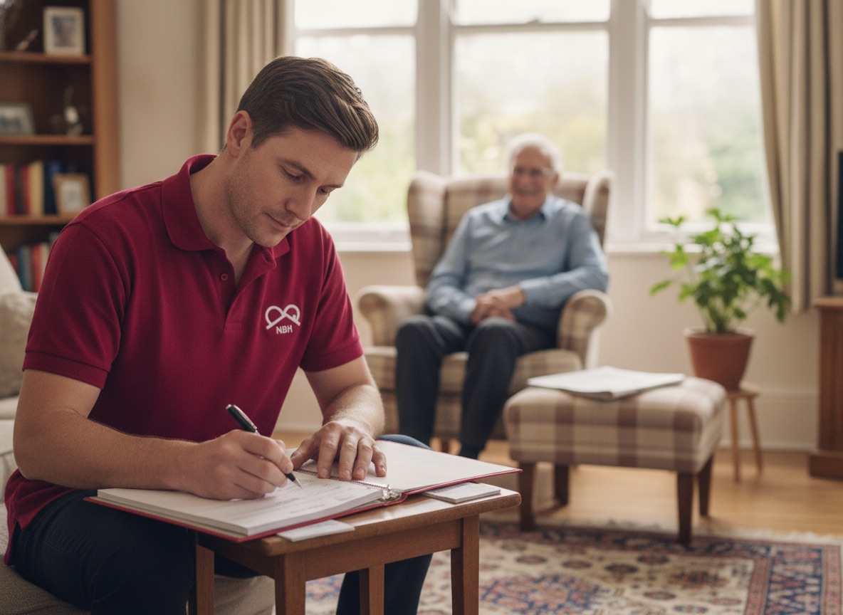 NBH Care carer recording medication support notes during a home care visit in North Northamptonshire