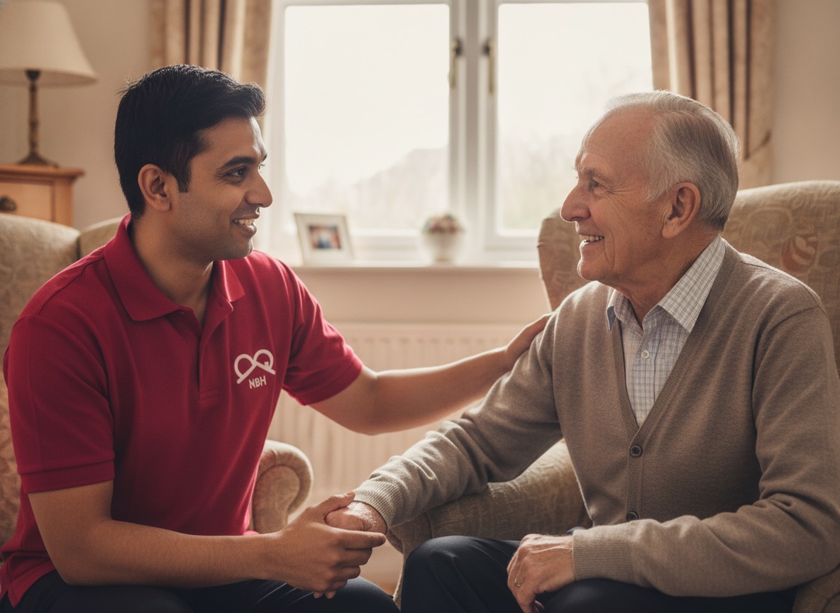 NBH Care carer supporting an older gentleman to stand with confidence at home in Wellingborough