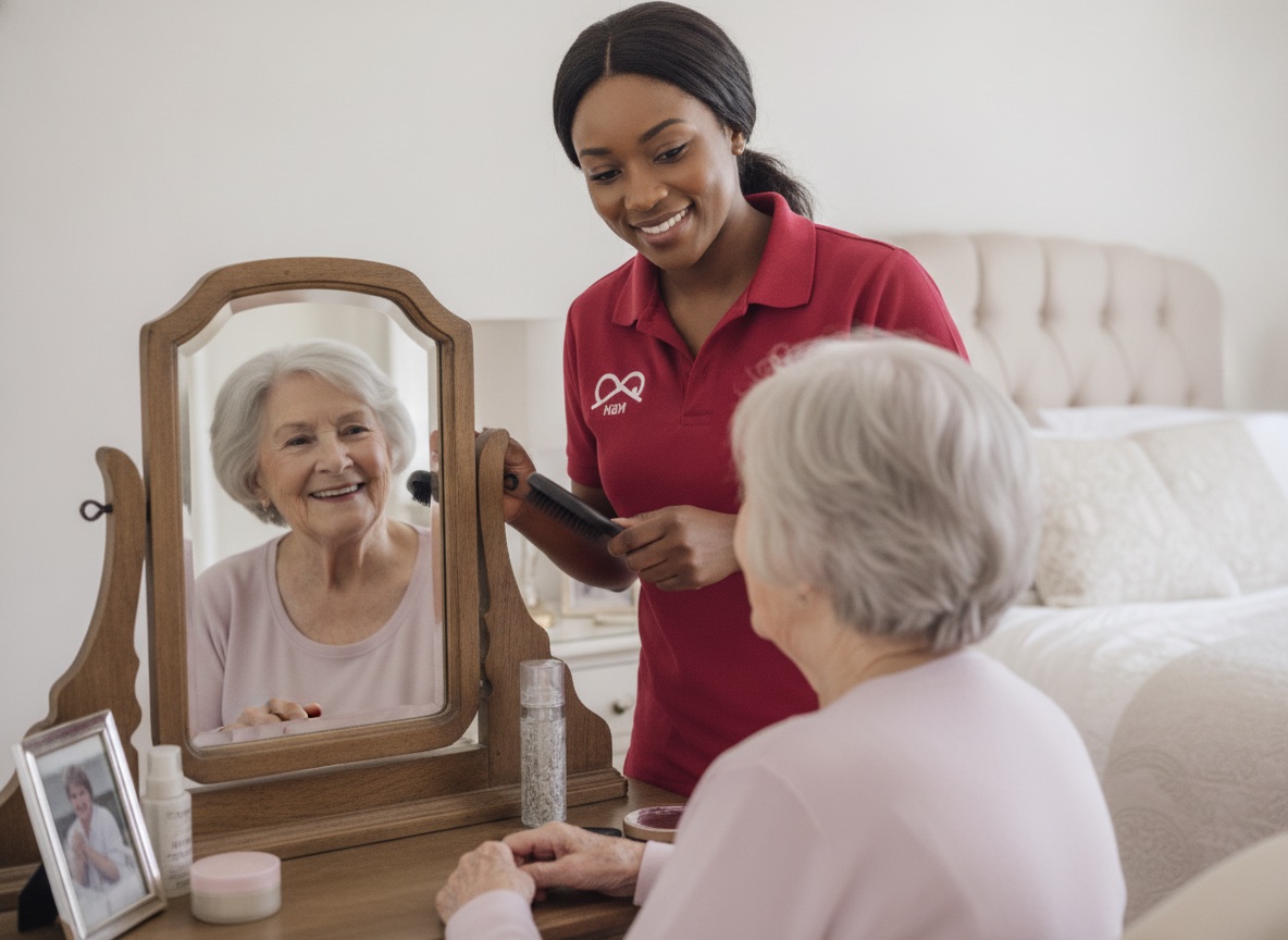 NBH Care carer brushing an elderly lady's hair during a personal care visit in North Northamptonshire