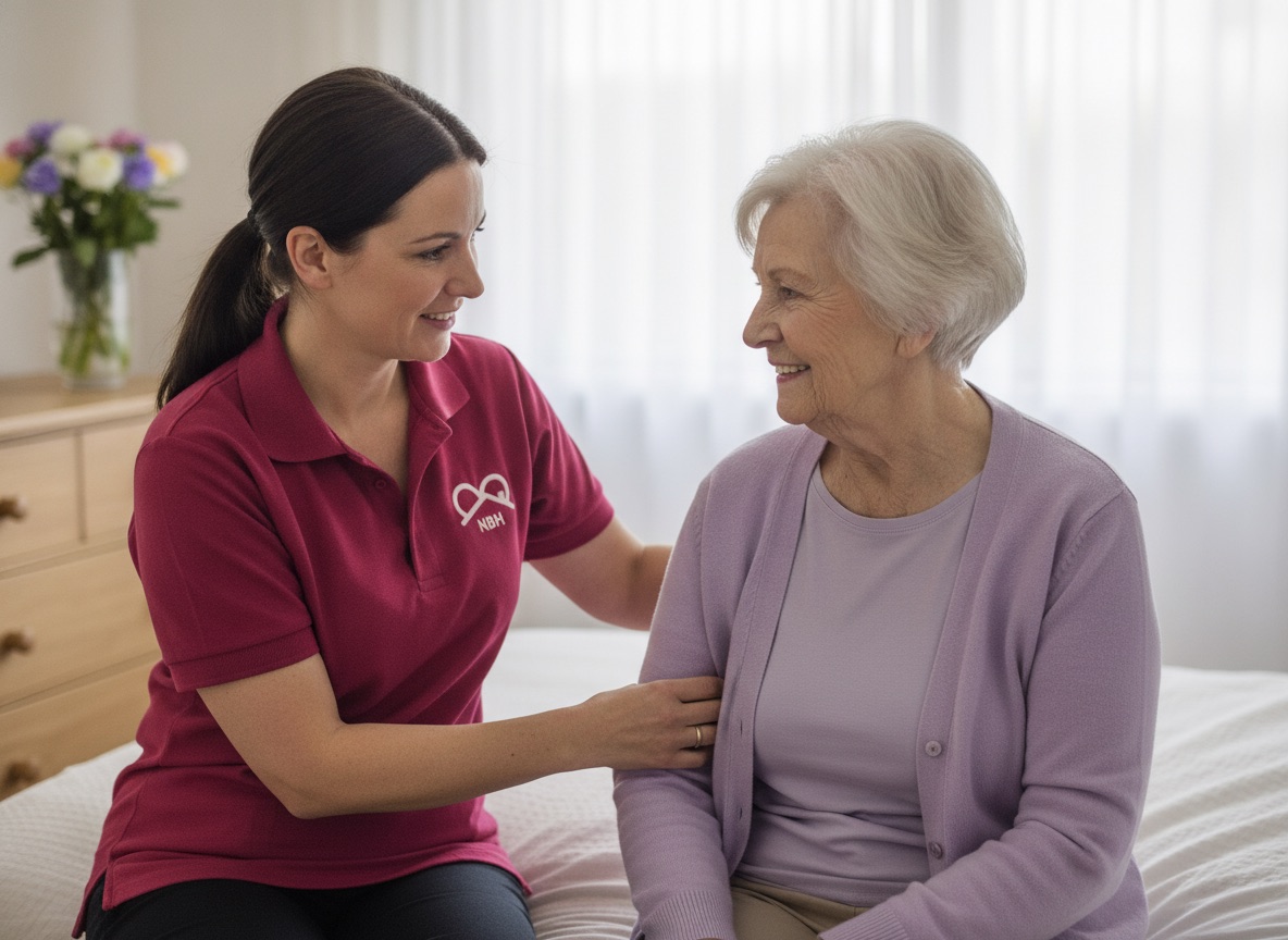 NBH Care carer in crimson uniform helping an elderly lady with her cardigan during dignified personal care in Wellingborough