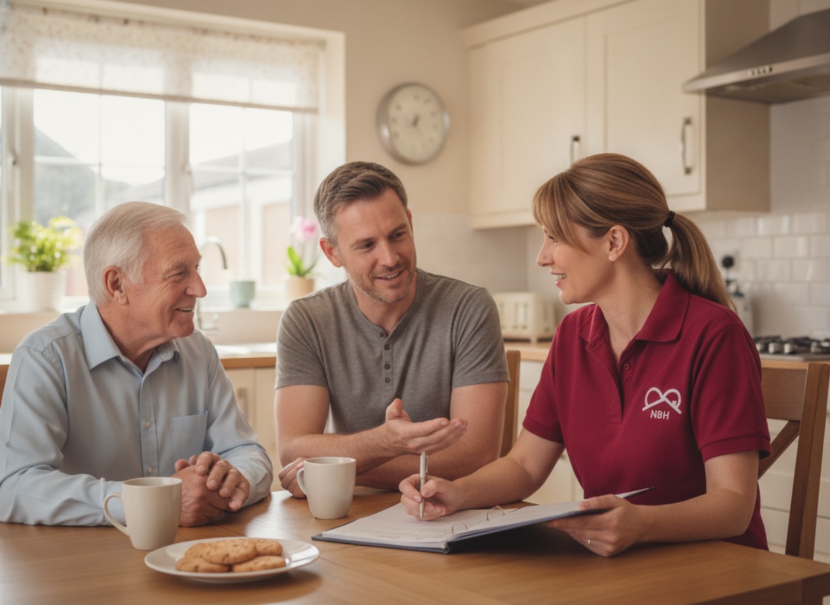 NBH Care carer noting a father's care routine with his son during a respite handover in Wellingborough