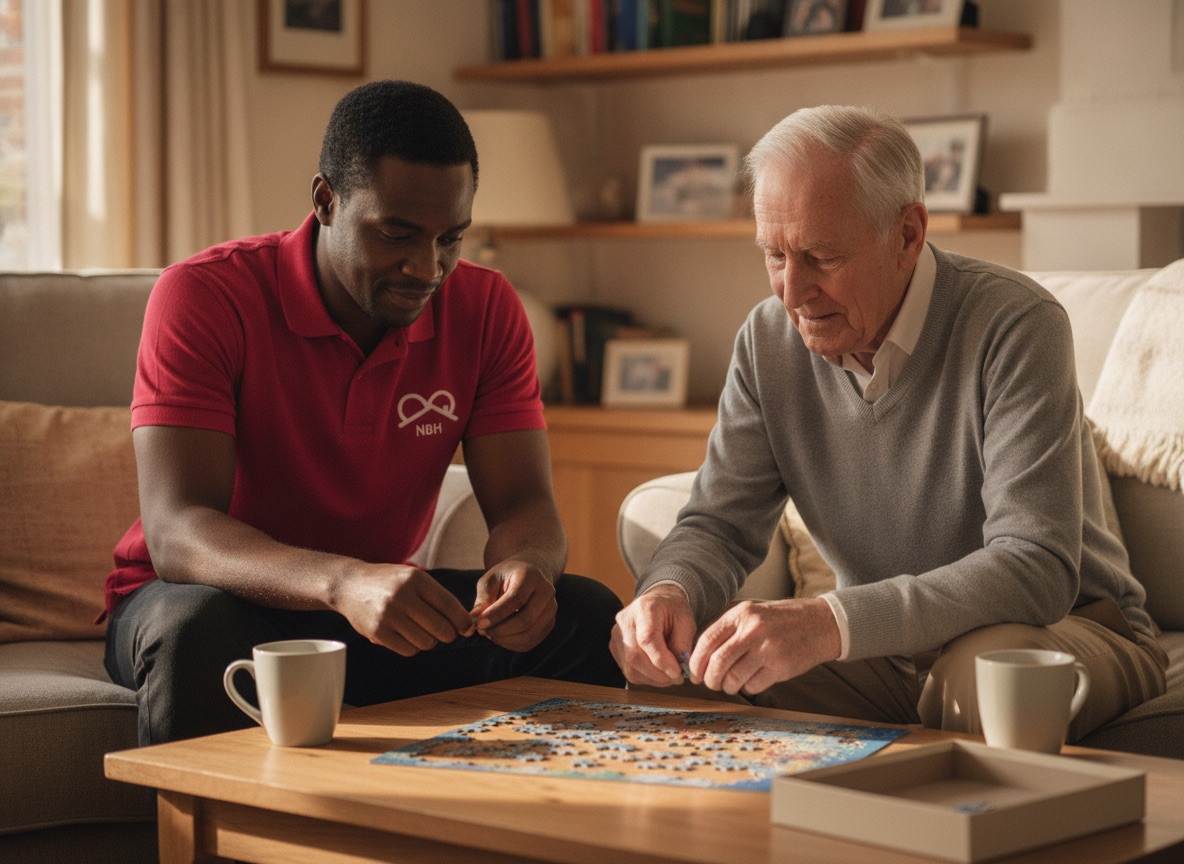 NBH Care respite carer enjoying a jigsaw with an older gentleman while his family take a break in North Northamptonshire