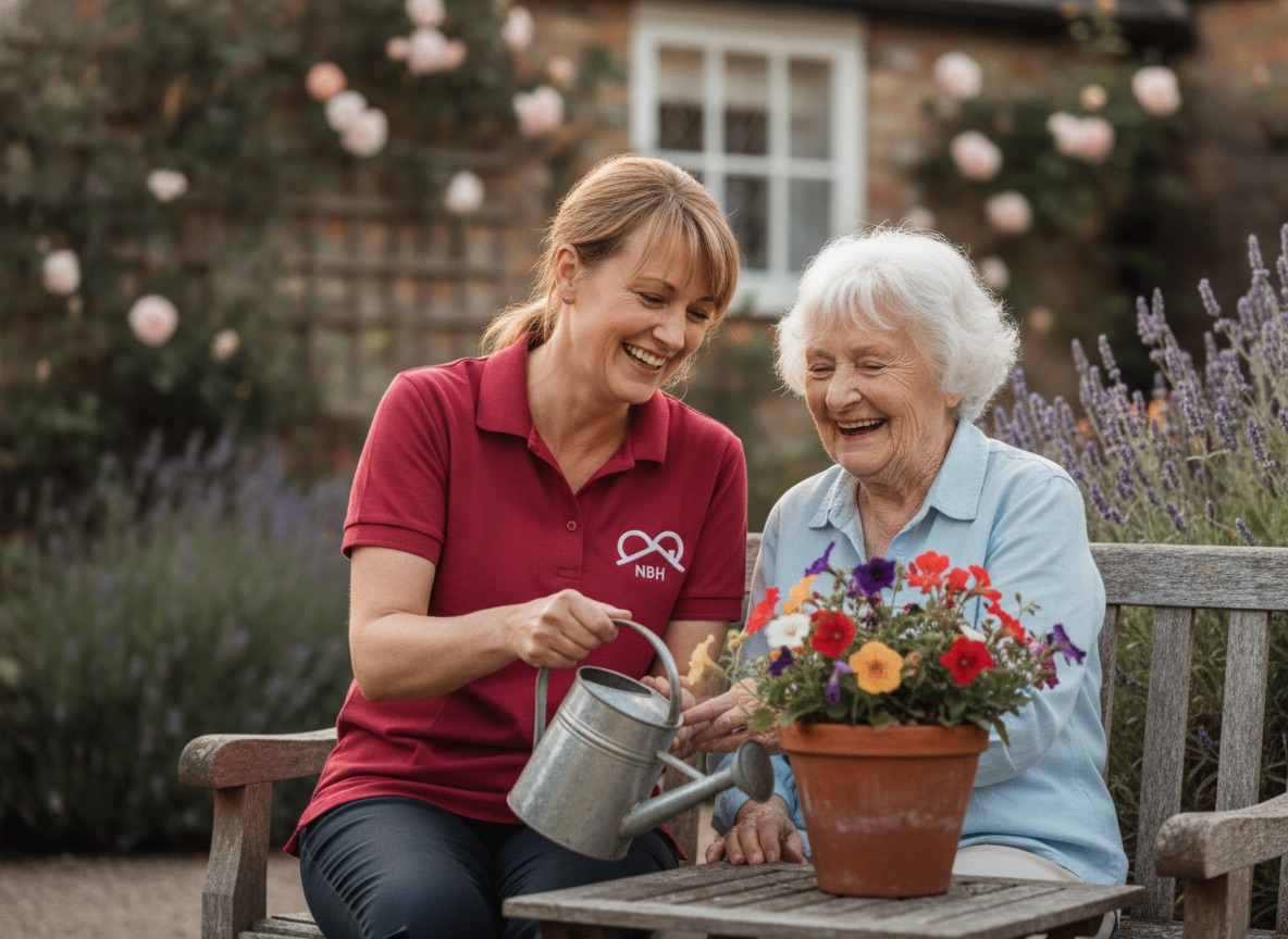 NBH Care carer enjoying gardening with an elderly lady during a flexible home care visit in Wellingborough