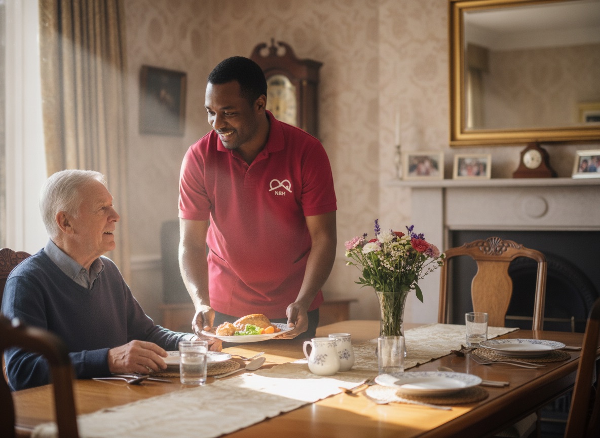 NBH Care carer serving lunch to an older gentleman during a visiting care call in North Northamptonshire